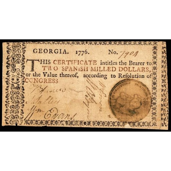 Colonial Note, GA. 1776 Green Seal $2 PCGS VF-25