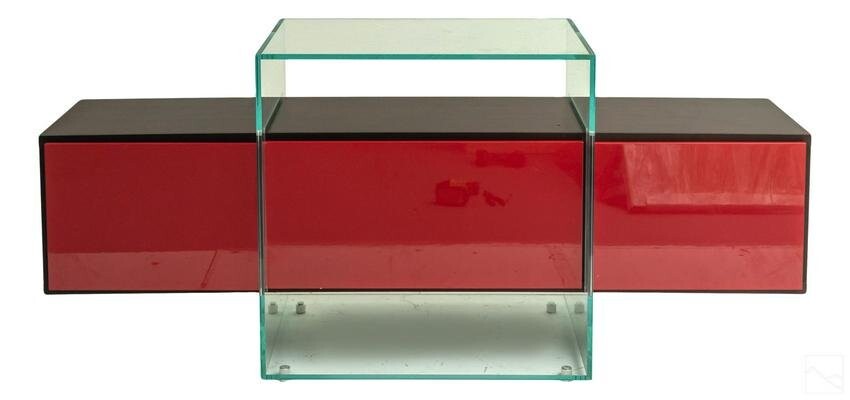 Contemporary Floating Red Lacquer Glass Credenza