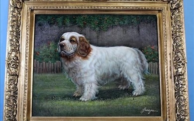 Contemporary oil on canvas of spaniel in gold frame, 30 x 34