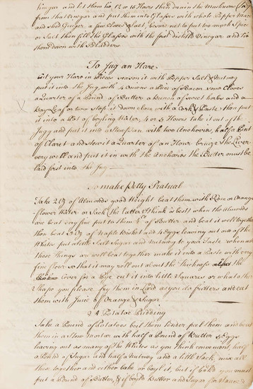 Cookery & other recipes.- Bragge family (of Sadborow Hall, Dorset) [Collection of recipes], manuscript, [c. 1750].