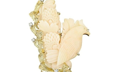 Coral Bird and Flower Diamond Pendant/Brooch