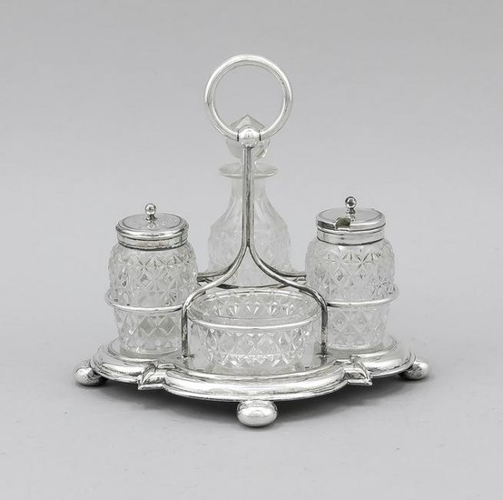 Cruet set, probably England, 20th cent., plated, base
