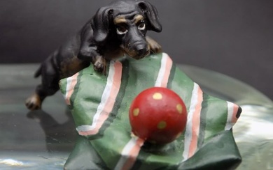 Cute vintage Vienna cold painted Bergman bronze dog playing with ball