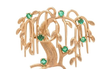 DAN FRERE, YELLOW GOLD AND EMERALD TREE BROOCH