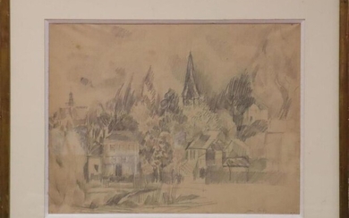 DUFY Jean (1888 - 1964) « Le village » dessin au crayon signé en bas à droite - 42x56