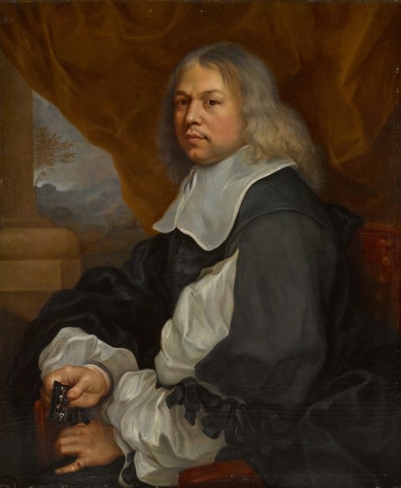 DUTCH SCHOOL, 17TH CENTURY | Portrait of a gem dealer, half-length, in a black costume, seated on a balcony before a curtain, holding a box of precious rings in his right hand
