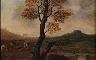 DUTCH SCHOOL , 18TH CENTURY, FIGURES AND LIVESTOCK IN A LANDSCAPE, Oil on canvas, 24 x 20 in. (61 x 50.8 cm.), Frame: 28 1/2 x 25 1/2 in. (72.4 x 64.8 cm.)