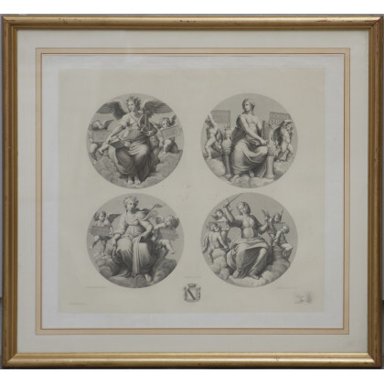 Da invenzioni di Raffaello "Quattro Allegorie" bulino di Pasquale Proja (attivo nella seconda metà del secolo XIX) (mm 595x640 circa)....
