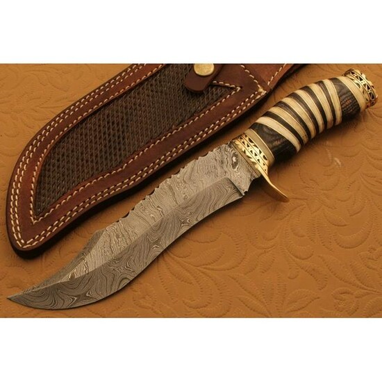 Damascus steel knife, camel bone and brass handle