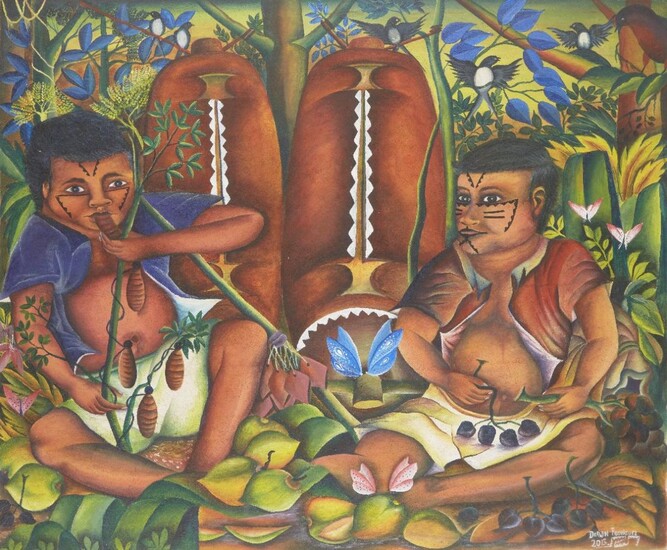 Darwin Rodríguez Torrez, Peruvian, late 20th century- Bora Children Eating Fruit; natural paint on llanchama canvas, signed and dated 2013 lower right, 83 x 100 cm