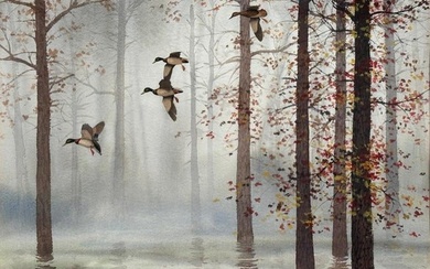David Hagerbaumer Watercolor, Mallards in Autumn Mist