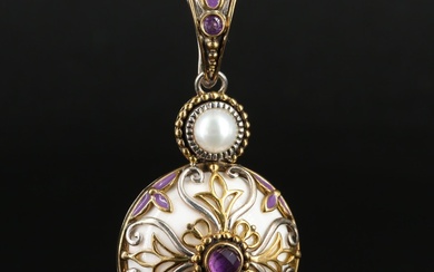 Dream Sterling Agate, Amethyst, and Pearl Enhancer Pendant with Bronze Accents