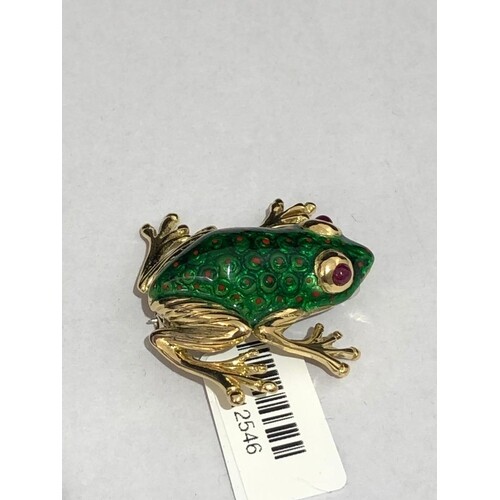 ECN 532- 18K YELLOW GOLD FROG BROOCH WITH ENAMEL AND RUBIES,...