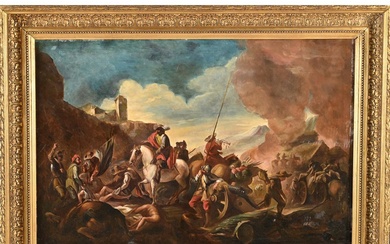 ÉCOLE ITALIENNE fin XVIIIè. «Choc de cavalerie». Huile sur toile (restaurations). H.69 L.99.