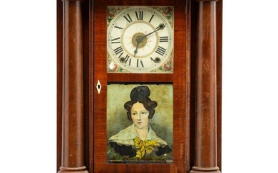 EMPIRE SHELF OR MANTLE CLOCK WITH PORTRAIT OF A WOMAN.