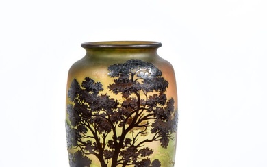 ÉTABLISSEMENTS GALLÉ. Grand vase en verre multicouches à décor d'un paysage à l'étang gravé en...