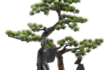 East Asian Cast Metal Figurine with Faux Bonsai Tree
