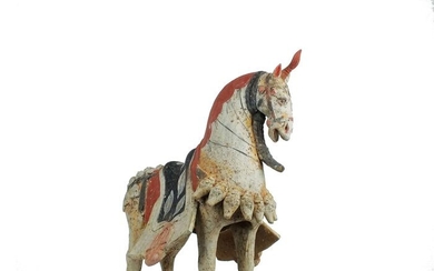 Eastern Wei dynasty (534-550 A.D.) Terracotta Extremely Rare Large Standing Caparisoned Horse with Bridle & Blanketed Saddle, TL test, H 42,5 cm. - 42.5×33×18 cm