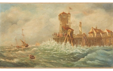 Ecole anglaise du XIXème siècle Port animé Huile sur toile 42 x 74 cm
