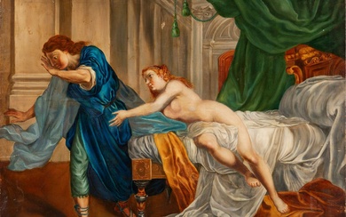 École française, XIXe siècle. "Joseph et la femme de Potiphar". Huile sur toile. Elle présente...