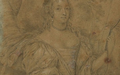 École française du XVIIème siècle Portrait de femme en Diane chasseresse d'après Mignard Crayon noir...