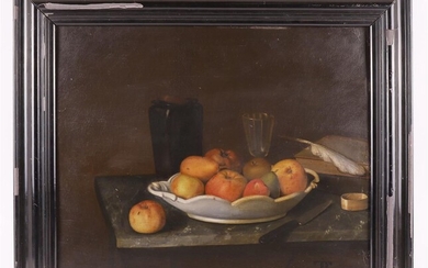 Ecole néerlandaise 19ème siècle "Nature morte avec des fruits sur un plat", signé avec monogramme...