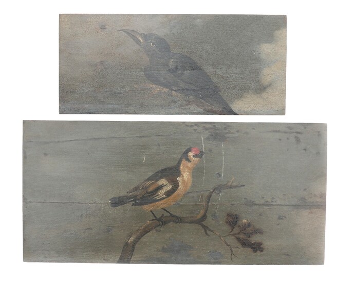 École néerlandaise : deux oiseaux, dont un corbeau, faisant probablement partie d'une décoration murale intérieure,...