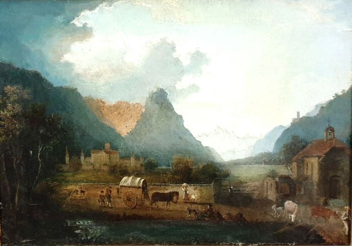 Ecole suisse du XIXe - paysage rural animé dans la région de Andeer