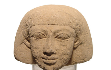 Egyptian sandstone Canopic jar lid representing Imsety