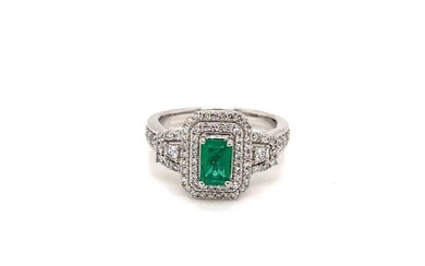 Emerald-Cut Emerald And Diamonds Ring In 14K Gold