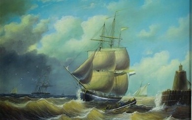 English School: sailing ship in a storm near the coast...