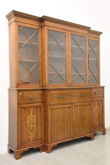 English glazed bookcase secretary in polished mahogany (Ht.225...