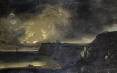 English school (?): coastal scene at moonlight with a ruin...