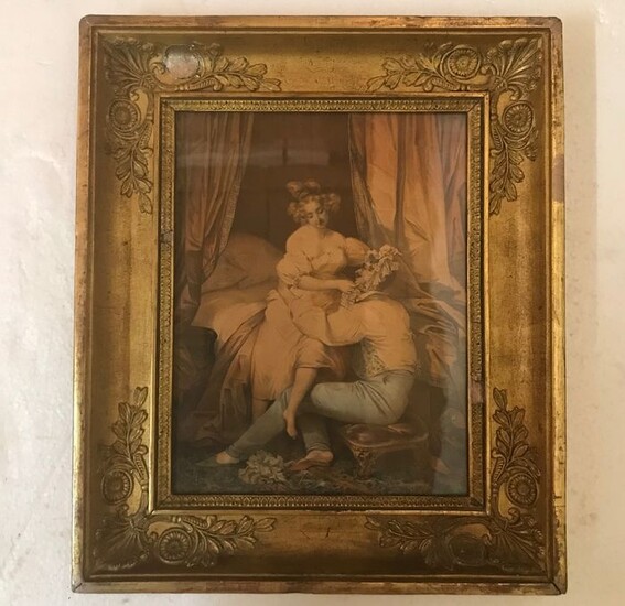 Enhanced engraving - with frame - Paper, the frame in wood, gesso and gilt - Late 19th century