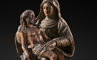 Espagne, XVIIe siècle PietàGroupe sculpté en bois résineux polychromé doréà décor 'a estofado' et application...