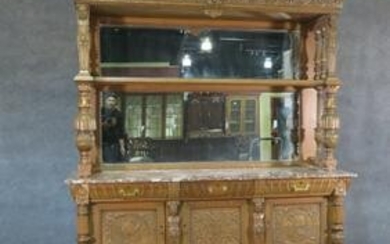 FIGURAL MARBLE TOP OAK SIDEBOARD W SUPERSTRUCTURE
