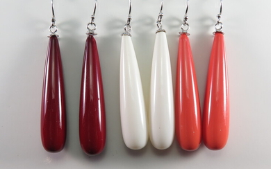 FOUR PAIRS OF 'CORAL' COLOUR DROP EARRINGS