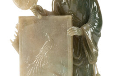 Femme à l'éventail avec écran de table, sculpture en jade, Chine, sur socle, h. 19 cm (sans socle) (éclats)