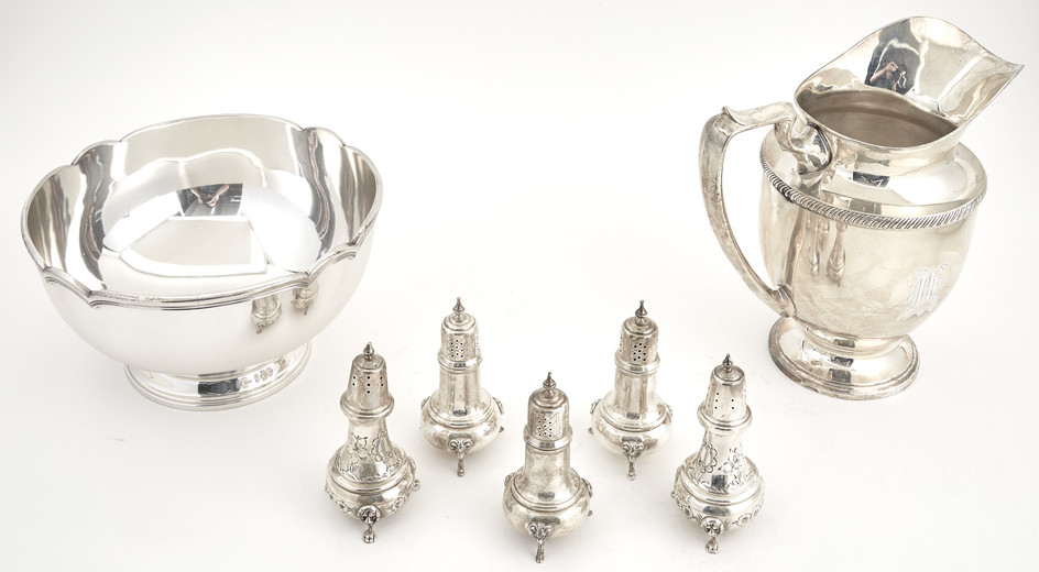 Fisher Sterling Silver Water Pitcher; Together with a Gorham Sterling Silver Bowl and Five Sterling Silver Salt and Pepper Shakers