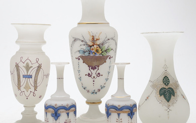 Five French vases in enamelled opal “pâte-de-riz” glass, 19th Century.
