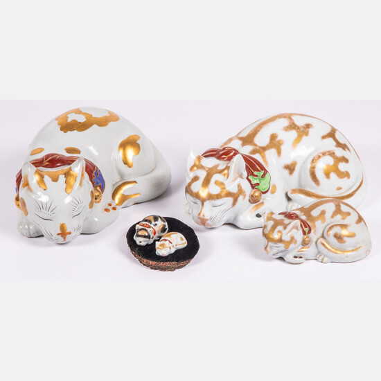 Five Japanese Porcelain Sleeping Cat Figures