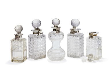 Five Late Victorian Cut-Glass Tantalus Decanters and Stoppers, Late 19th Century