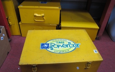 Five Yellow Painted Metal Tool Storage Boxes, 52cm wide. (5)...
