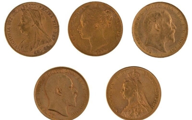 Five sovereigns comprising: Edward VII, 1908, 1910, Melbourne Mint; Victoria Young Head, 1870; Victoria Jubilee Head,1889, Victoria Old Head, 1898 Melbourne Mint (5)