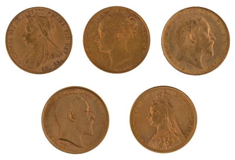 Five sovereigns comprising: Edward VII, 1908, 1910, Melbourne Mint; Victoria Young Head, 1870; Victoria Jubilee Head,1889, Victoria Old Head, 1898 Melbourne Mint (5)