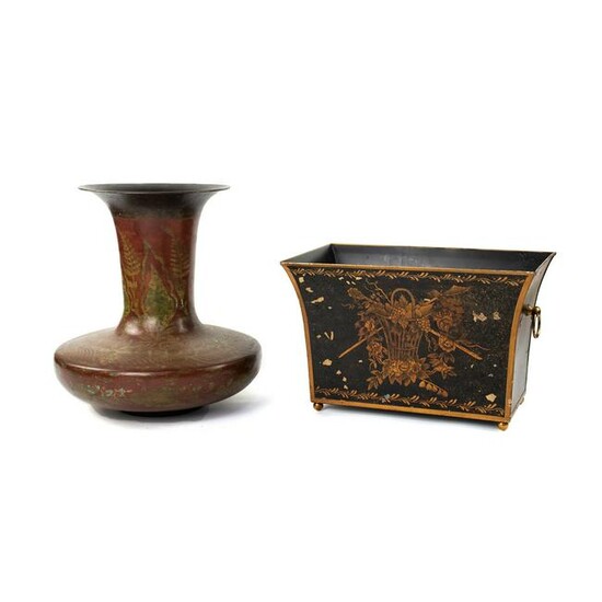 Floral Motif Brass Vase and Italian Tole Planter