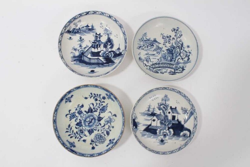 Four 18th century Lowestoft blue and white porcelain saucers, three of which are painted and one printed