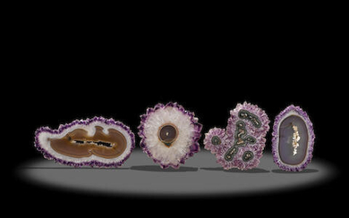Four Large Amethyst Stalactite Cross-Section Slices