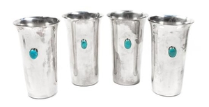 Four Silverplate and Turquoise Tumblers