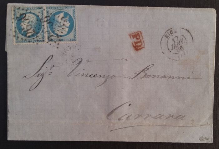 France 1866 - Napoleon III, 20 centimes blue, tête-bêche pair on letter. - Yvert 22b